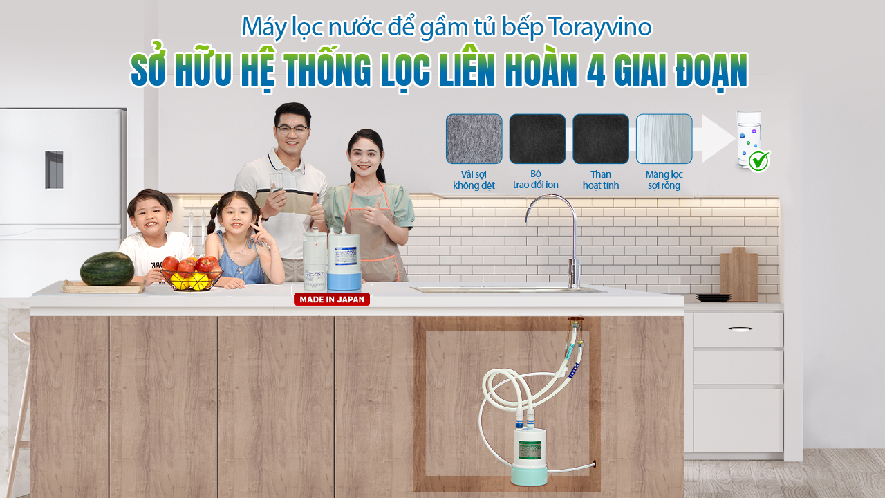 Máy lọc nước để gầm tủ bếp Torayvino sở hữu hệ thống lọc liên hoàn 4 giai đoạn